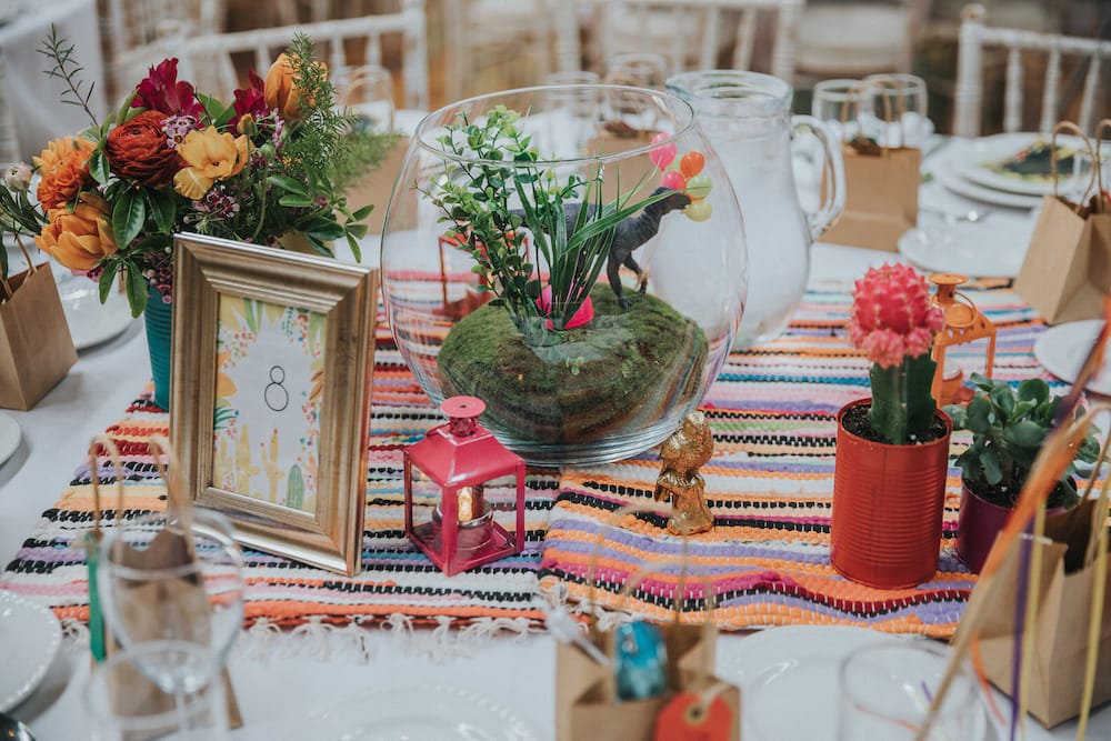 mexican blanket and wedding flowers