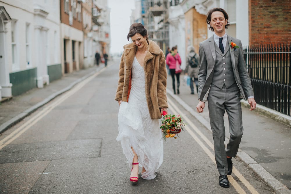 bride and groom in Brighton, mexican inspired colourful wedding