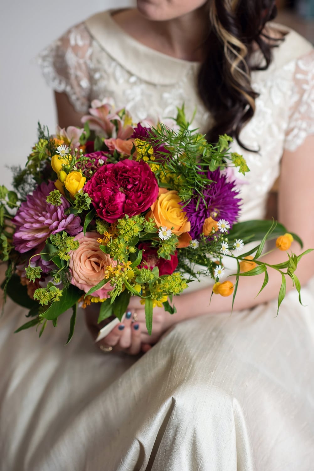 hot pink, peach, orange and yellow wedding flowers. Summer bridal bouquet