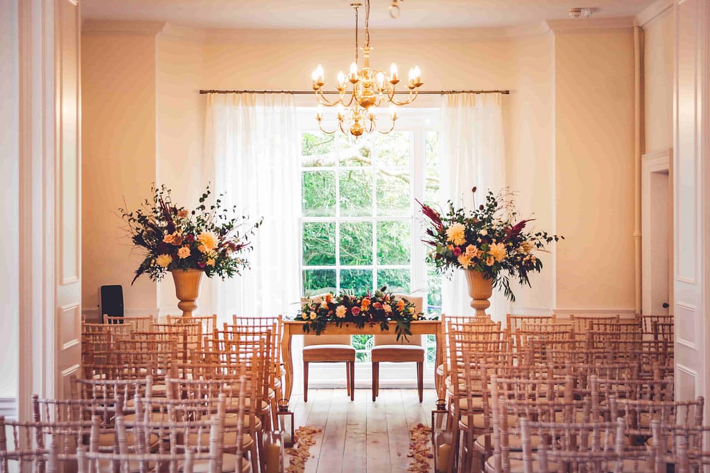 Pelham House wedding ceremony with flowers by Bettie Rose 