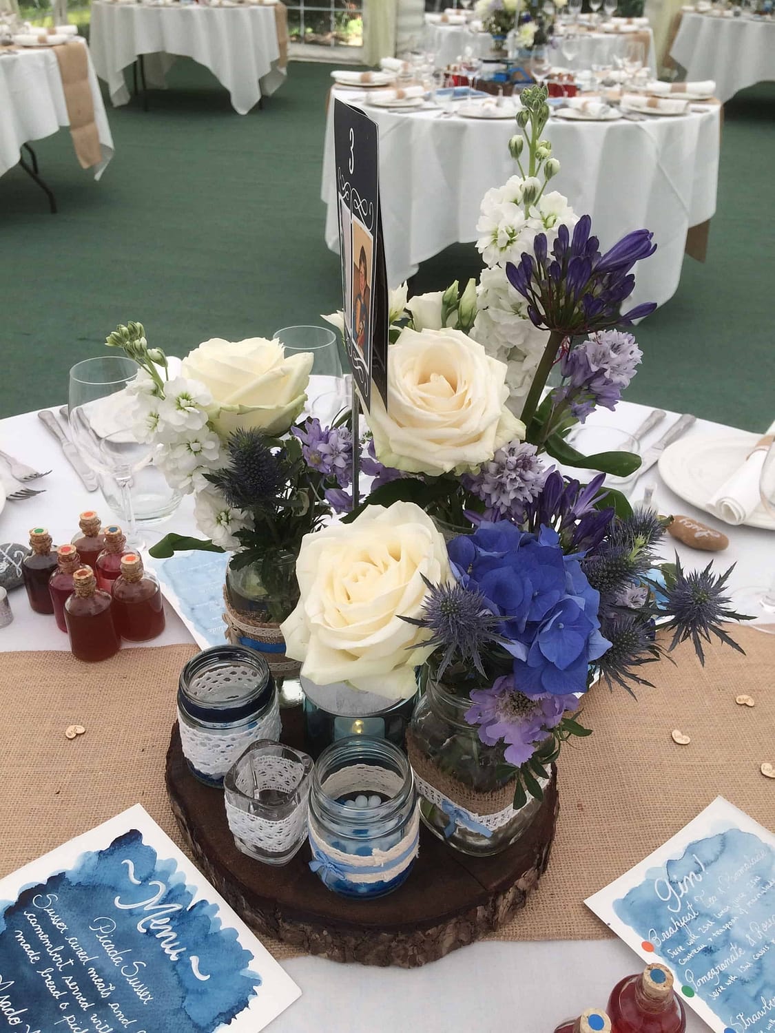 blue and white table flowers at The English Wine Centre, East Sussex