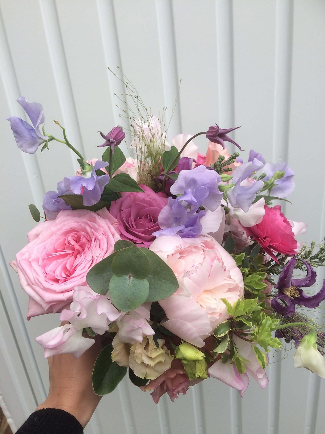 pangdean barn wedding florist, bridal bouquet with sweet peas and peonies