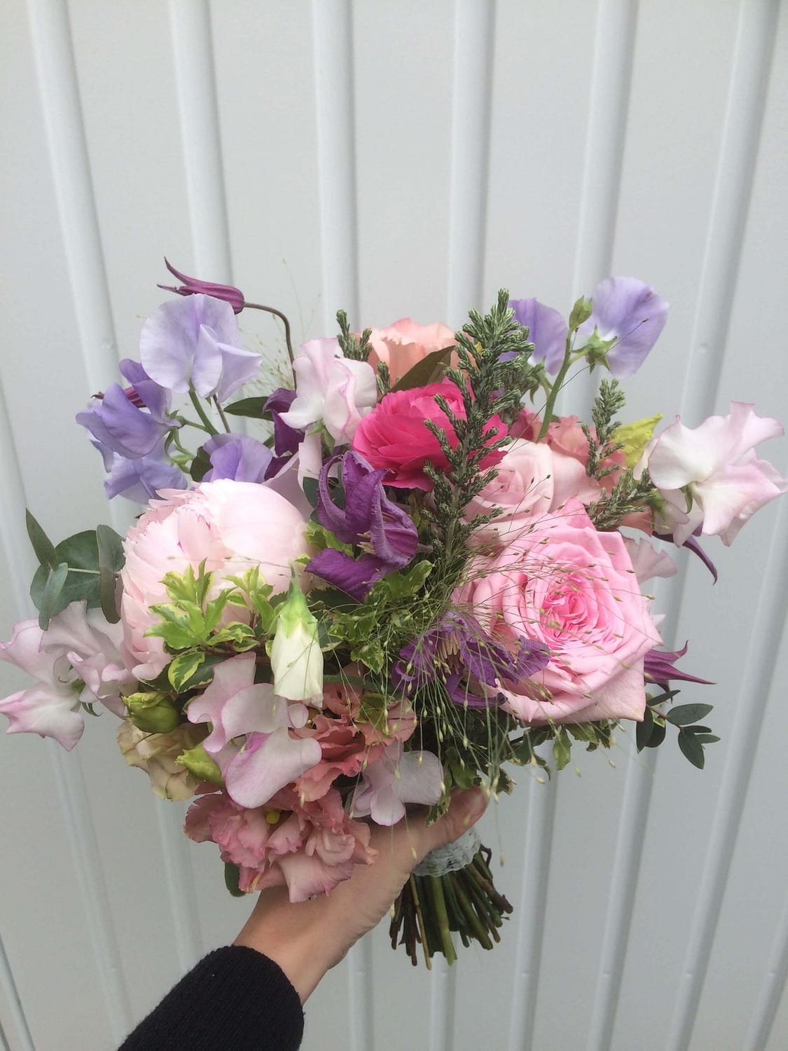 pale pink and lilac bridal bouquet for May wedding at Pangdean Barn