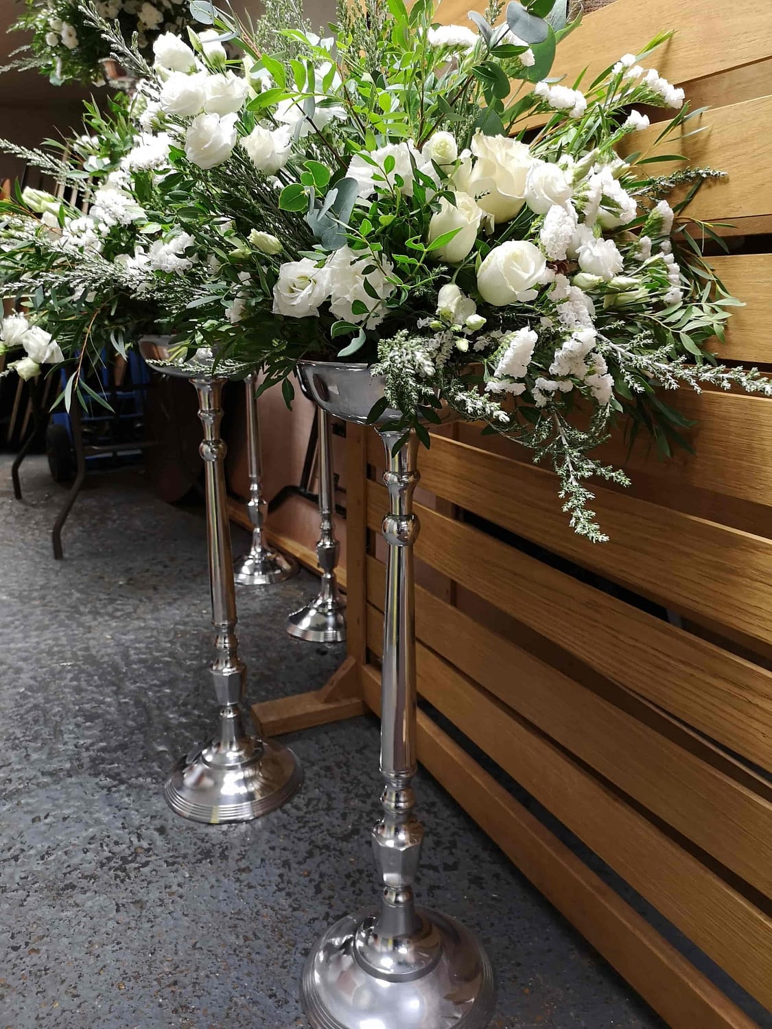 elevated flowers for white wedding, all foam free and biodegradable
