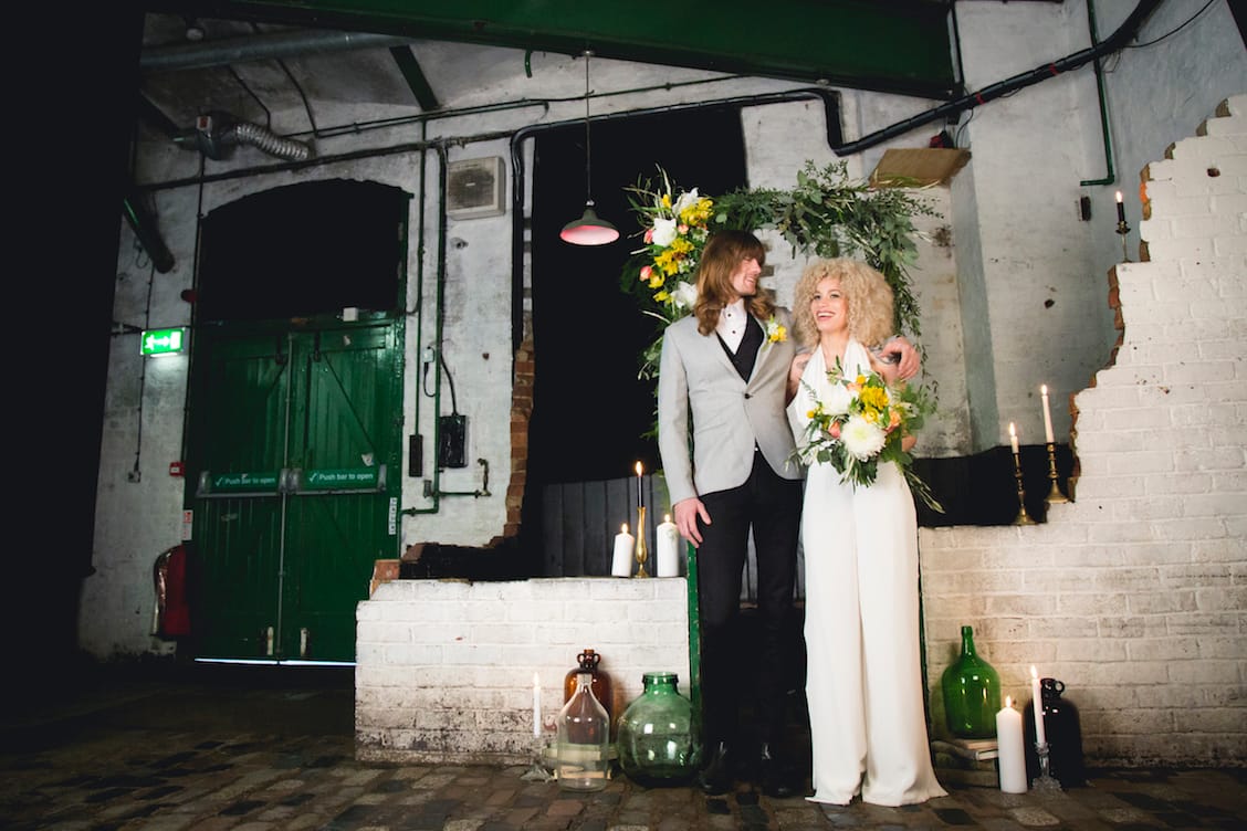 1970's inspired wedding, bride with afro and groom with long hair