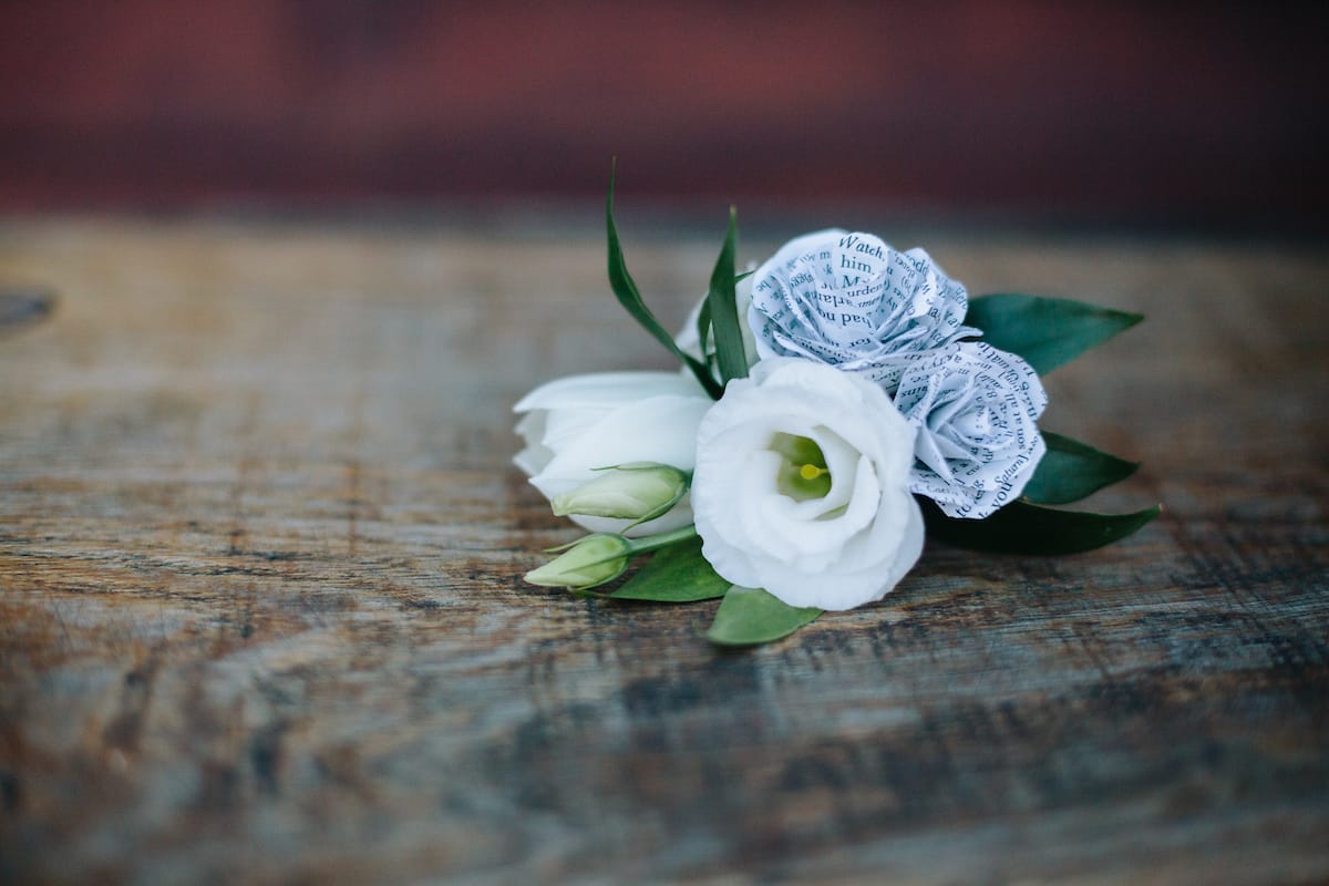tulip, lisianthus and paper flower corsage