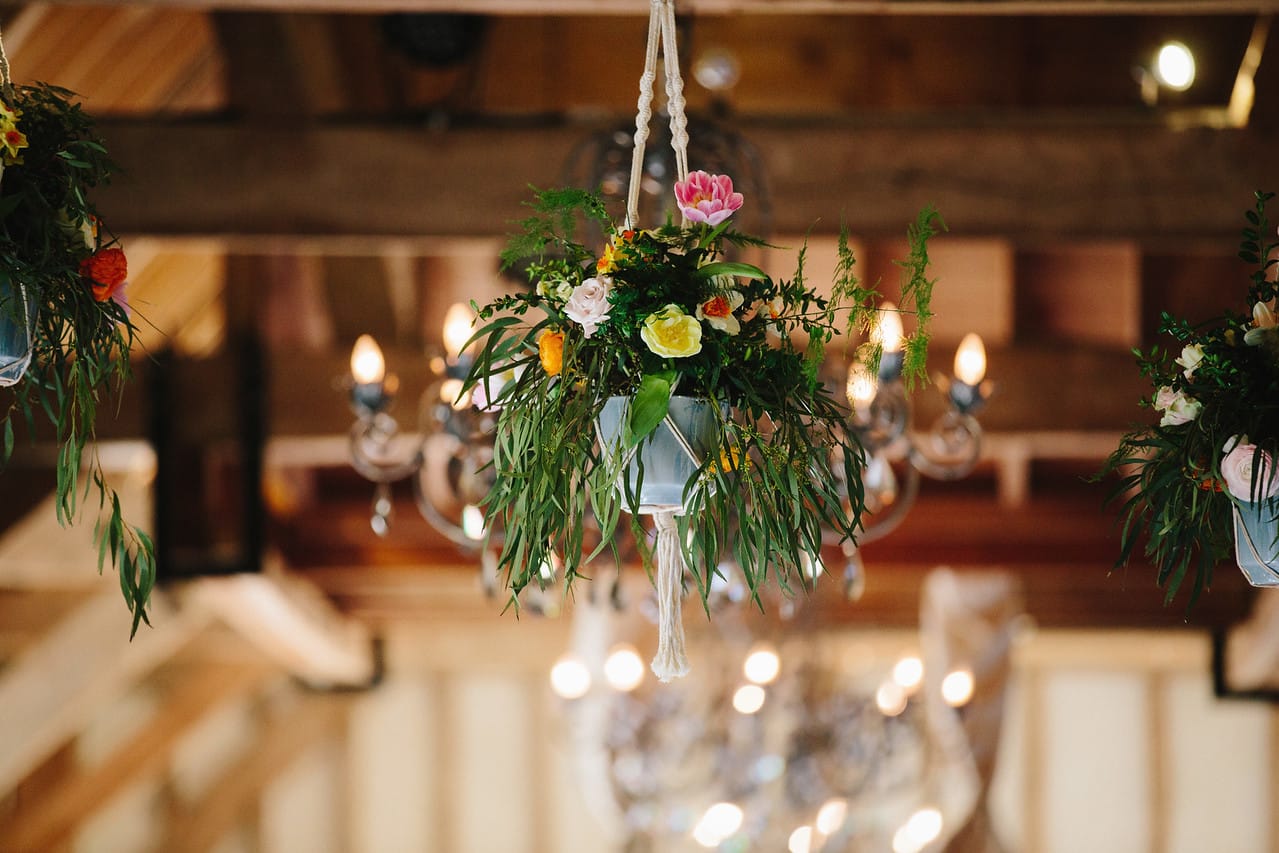 macrame hanging flowers wedding at southend barns