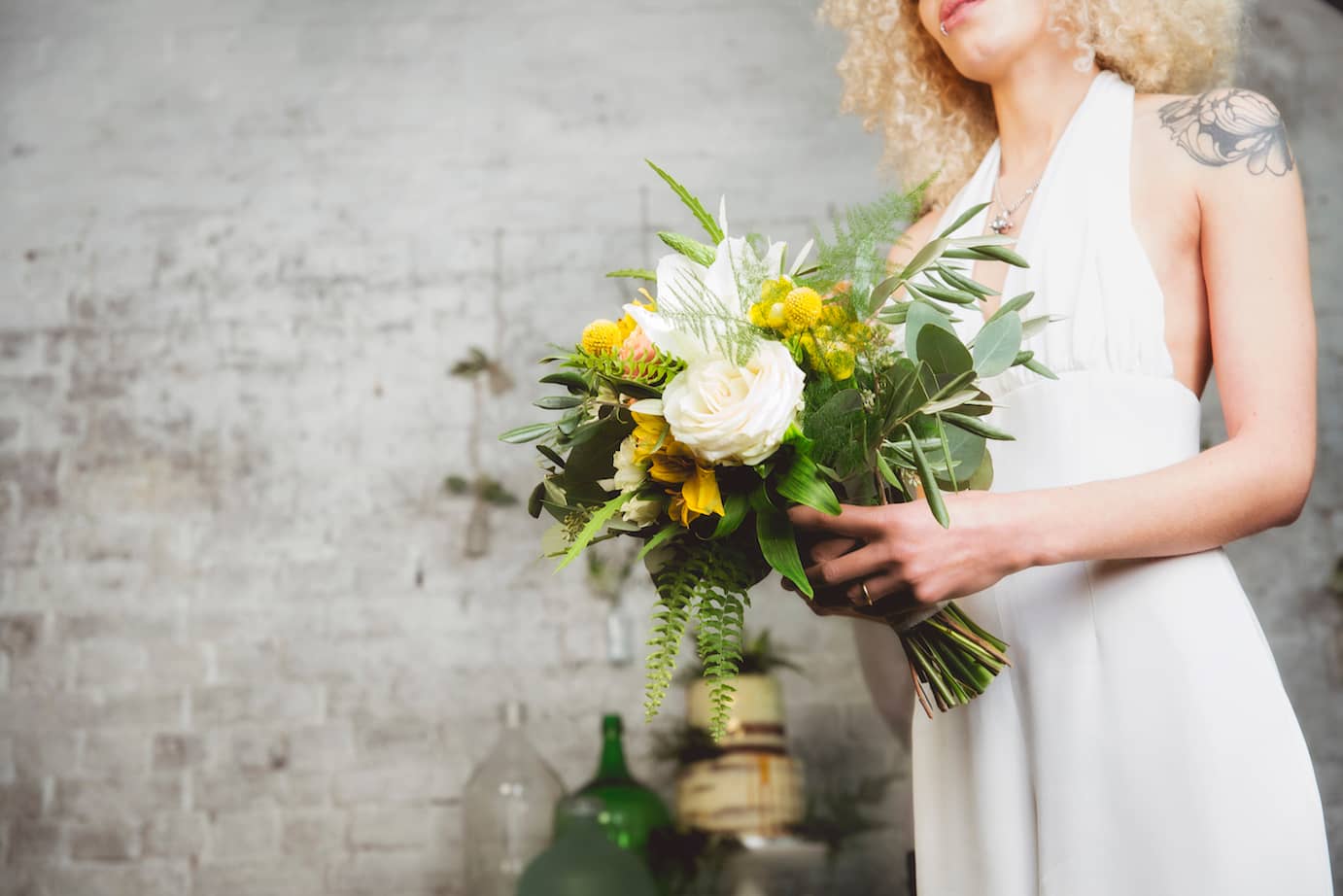 White and yellow bridal bouquet, winter wedding