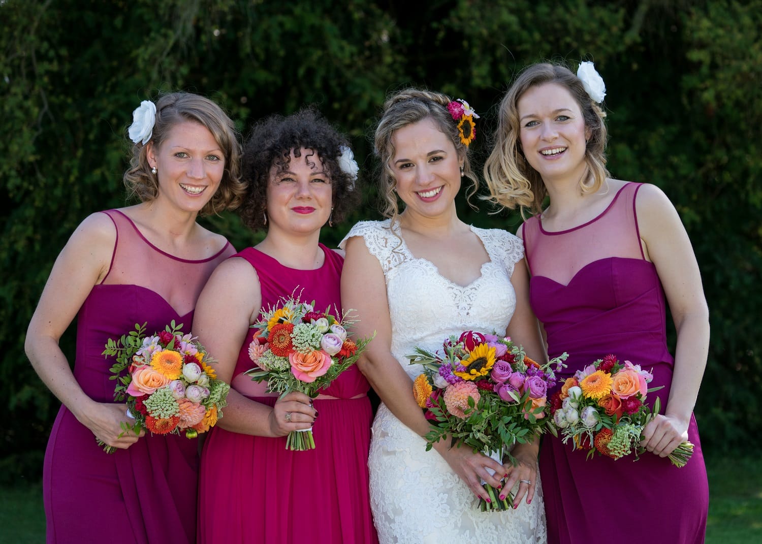 wakehurst place wedding, colourful wedding bouquets with cerise pink bridesmaids dresses