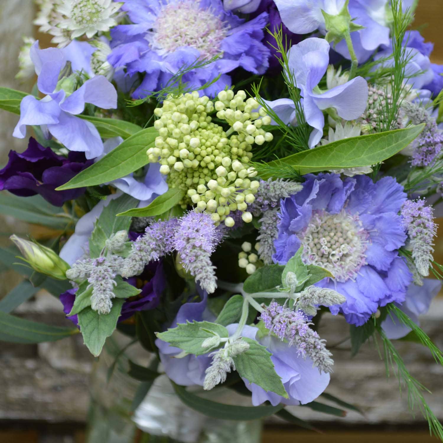 blue and lilac bridal bouquet
