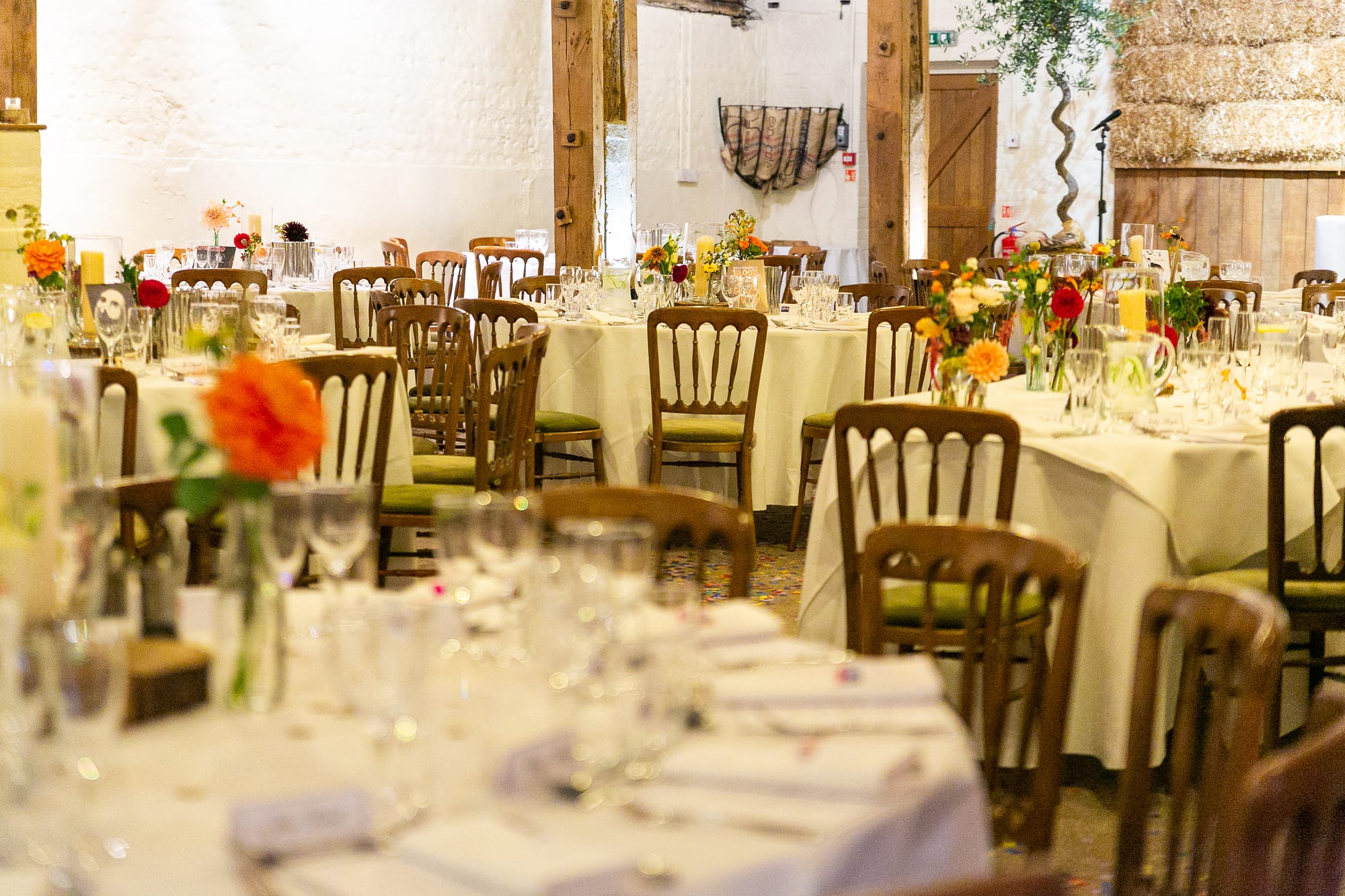 wedding table set up inside pangdean barn