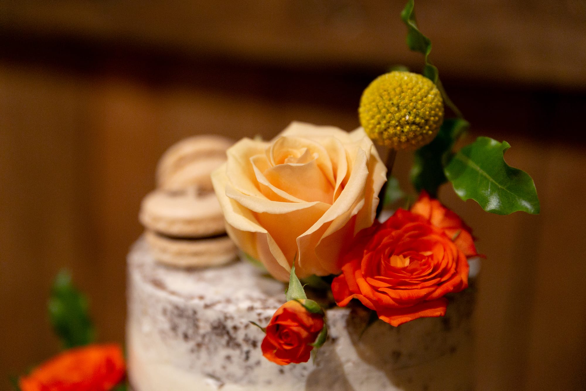 close up of cake flowers for a wedding at pangdean barn