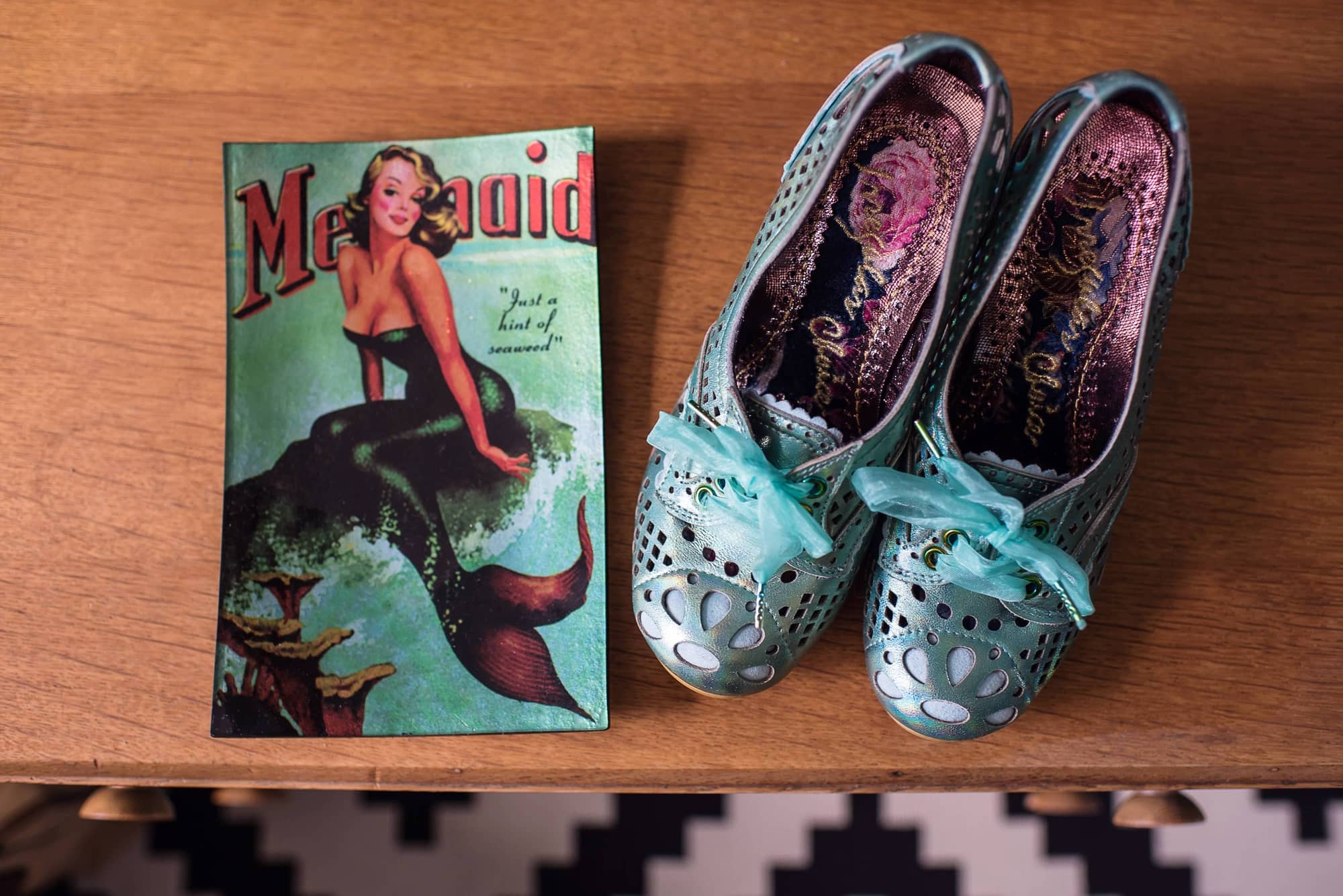 turquoise irregular choice wedding shoes and mermaid book
