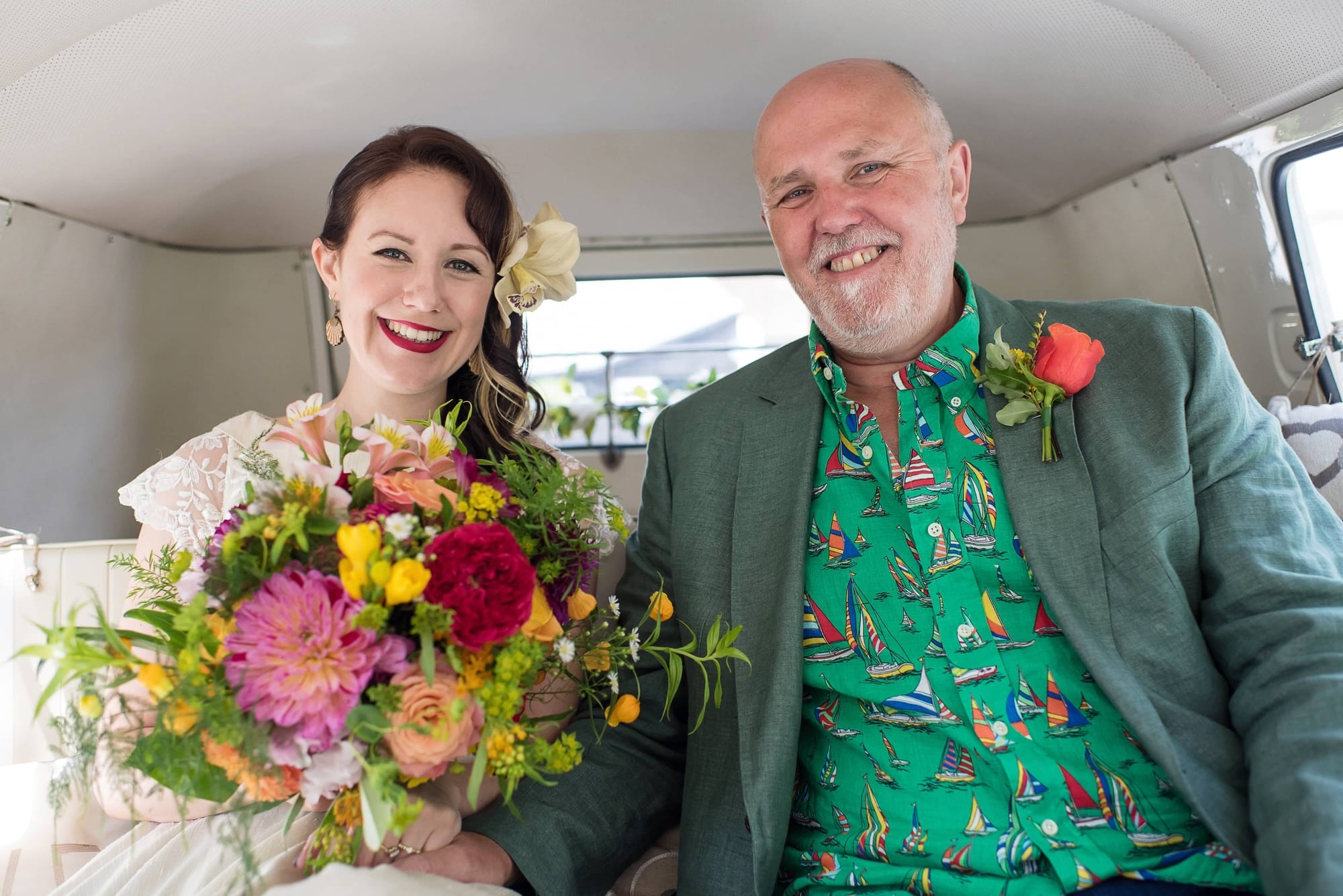 Hawaiian shirt wedding with bright flowers