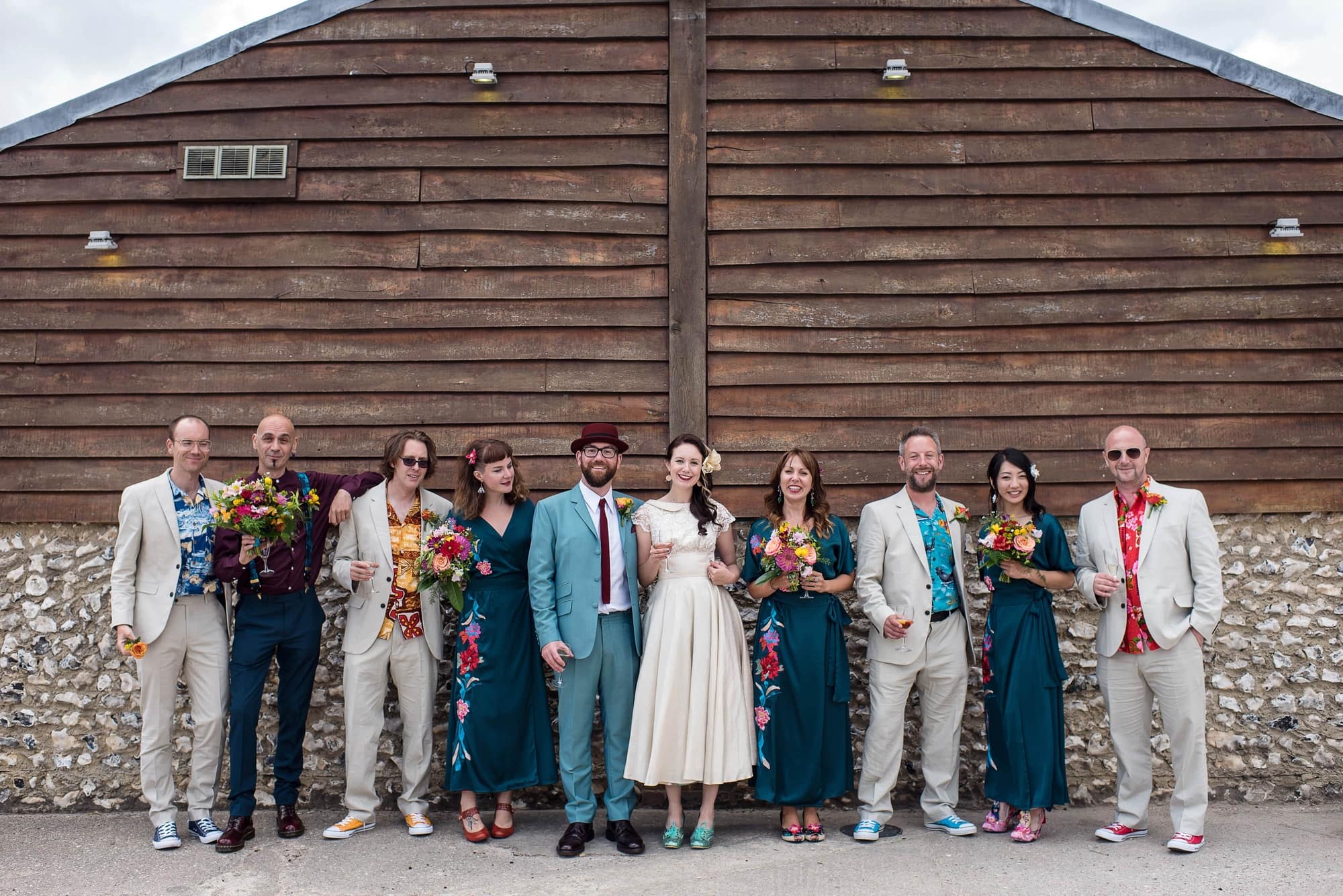funky wedding party photo at Sussex barn