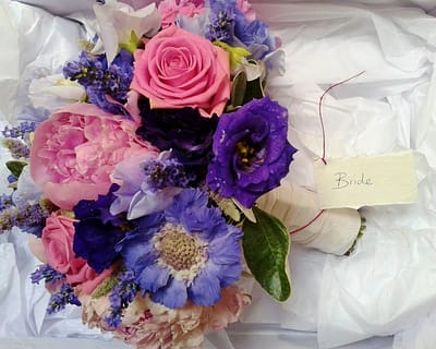 Bouquet with peonies, roses and lavender