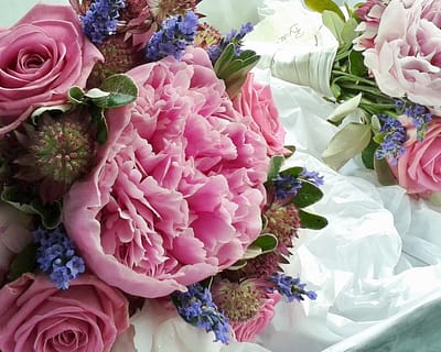 Bridesmaids bouquets with Sarah Bernhardt peonies