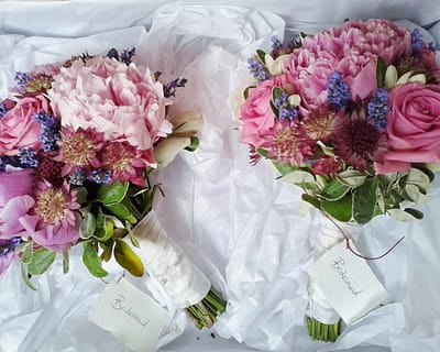 Bridesmaids bouquets with peonies, astrantia and lavender