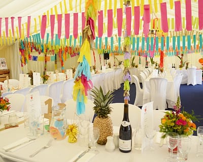 Tropical disco themed wedding flowers