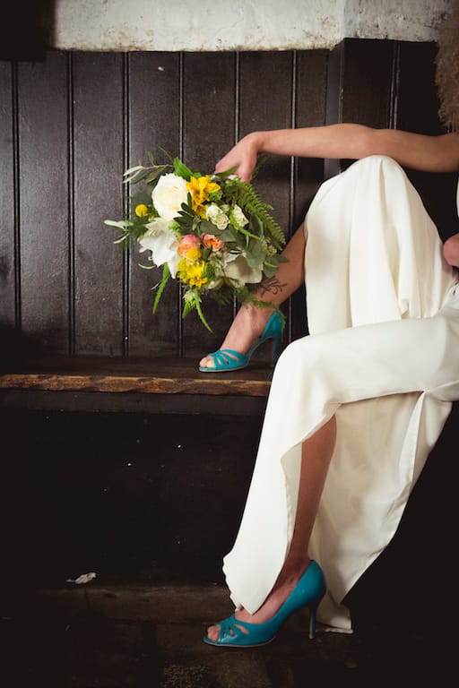 alternative wedding inspiration, wedding jumpsuit, turquoise shoes, yellow bouquet