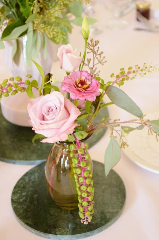 pink and green table flowers