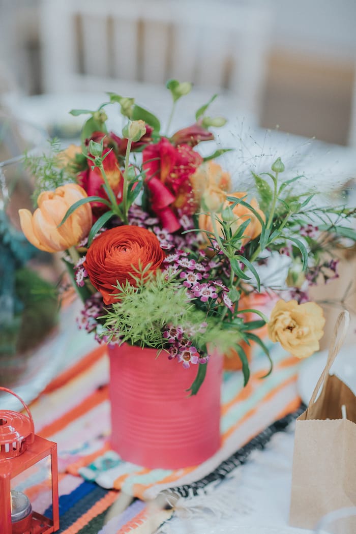 wedding table flowers in tins, boho relaxed festival wedding