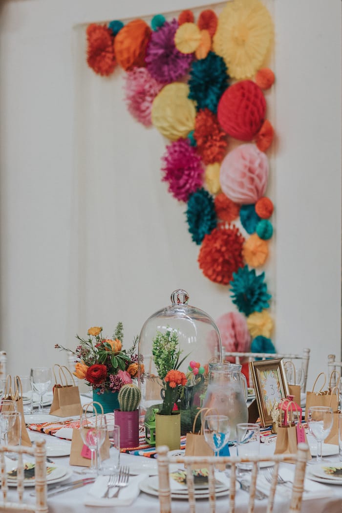 mexican fiesta table flowers and wall hanging at Fabrica in Brighton