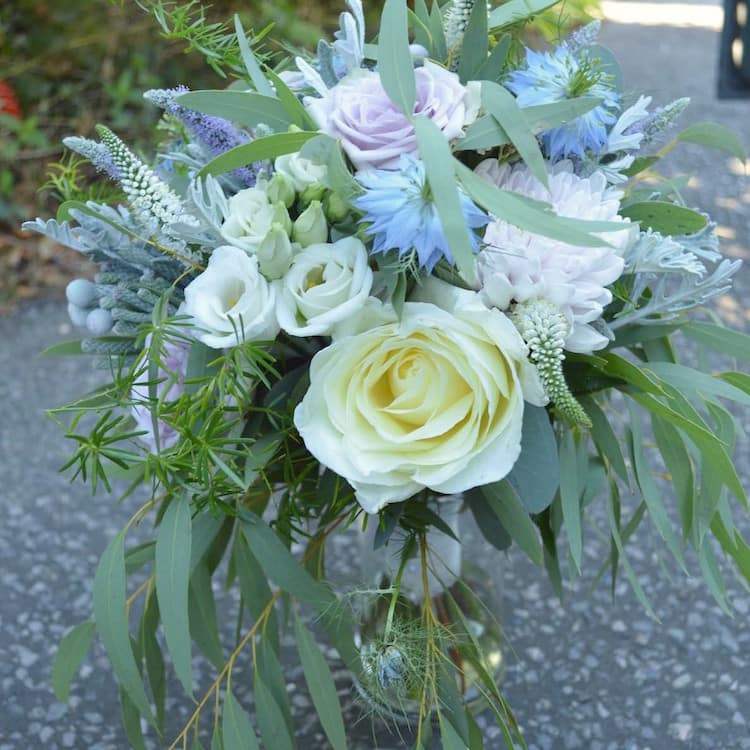 pale blue and cream bridal bouquet, august wedding flowers