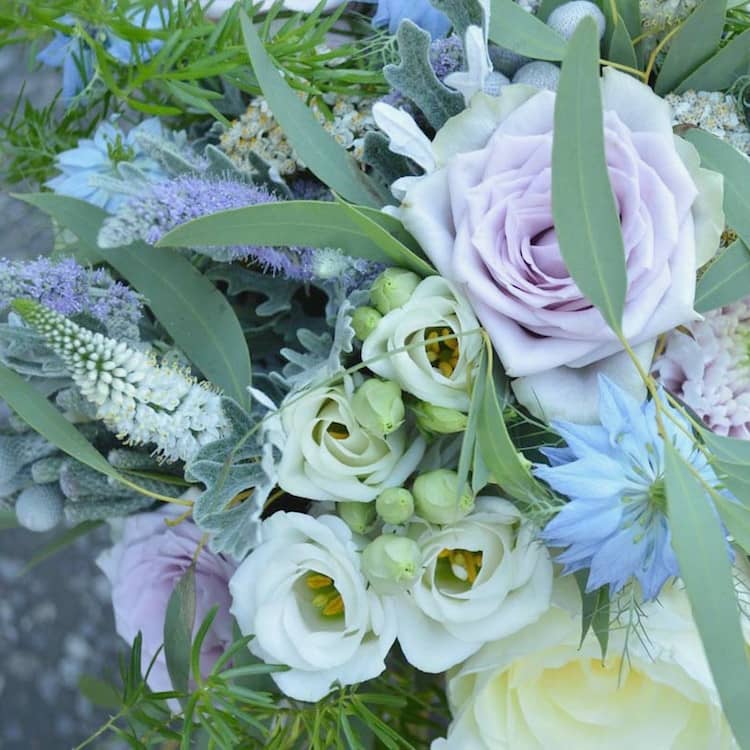 pastel bridal bouquet, nigella and roses for a august wedding flowers