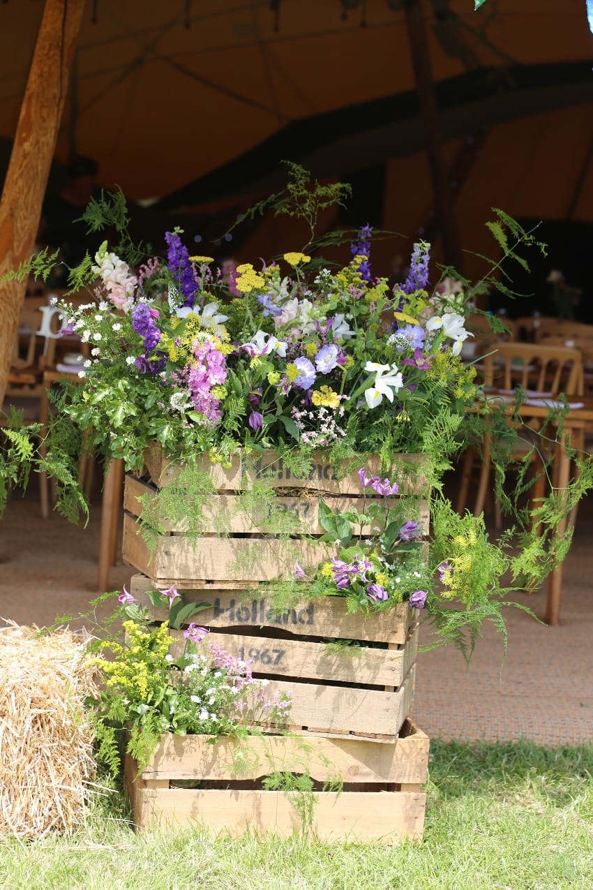wildflower wooden crate arrangement for tipi wedding #NoFloralFoam